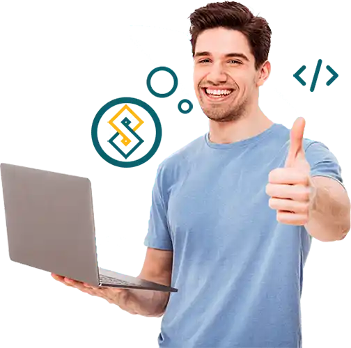 تصویر یک مرد که با در دست داشتن لپ تاپ به تماس با گروه طراحی سایتچیان اشاره می کند.